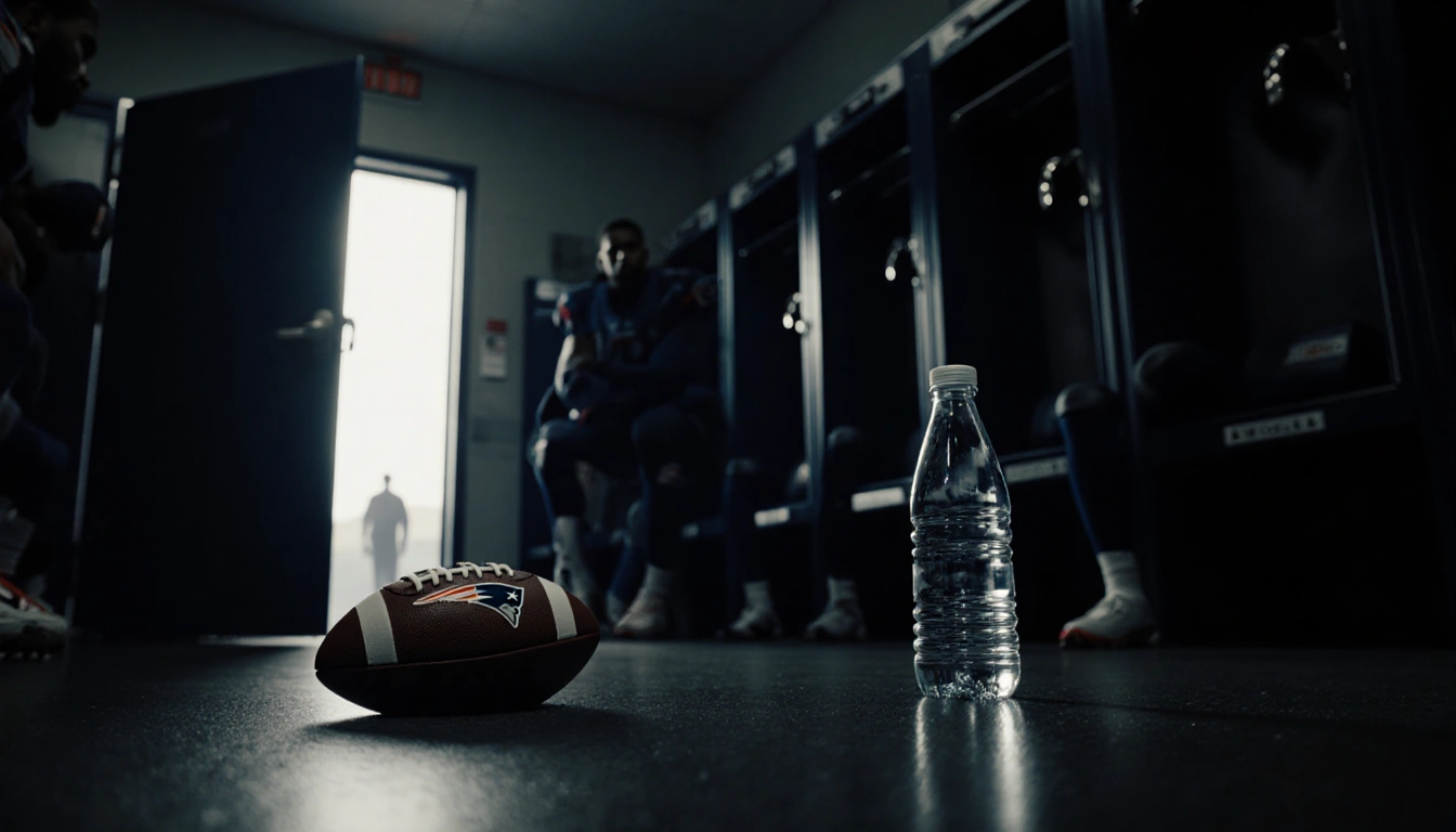Players stare uncertainly in dim Patriots locker room with water bottle glow and Stefon Diggs waiting.
