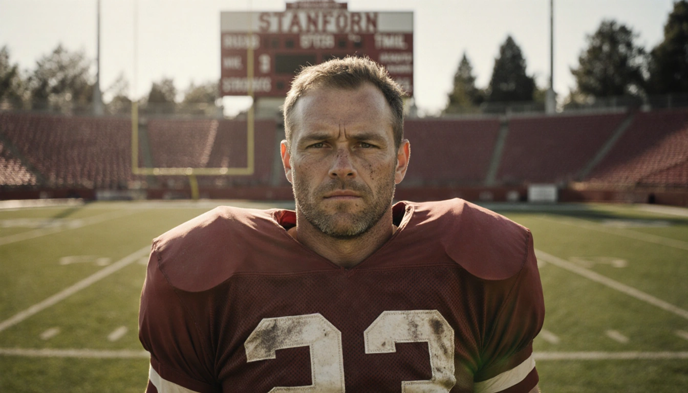Paul Wiggin standing heroically on Stanford football field with scoreboard and sunlit face