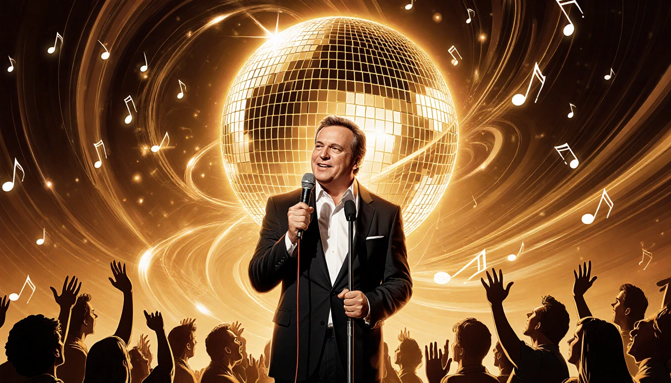 Paul Williams holding a microphone with swirling lights and musical notes and a disco ball reflecting golden applause