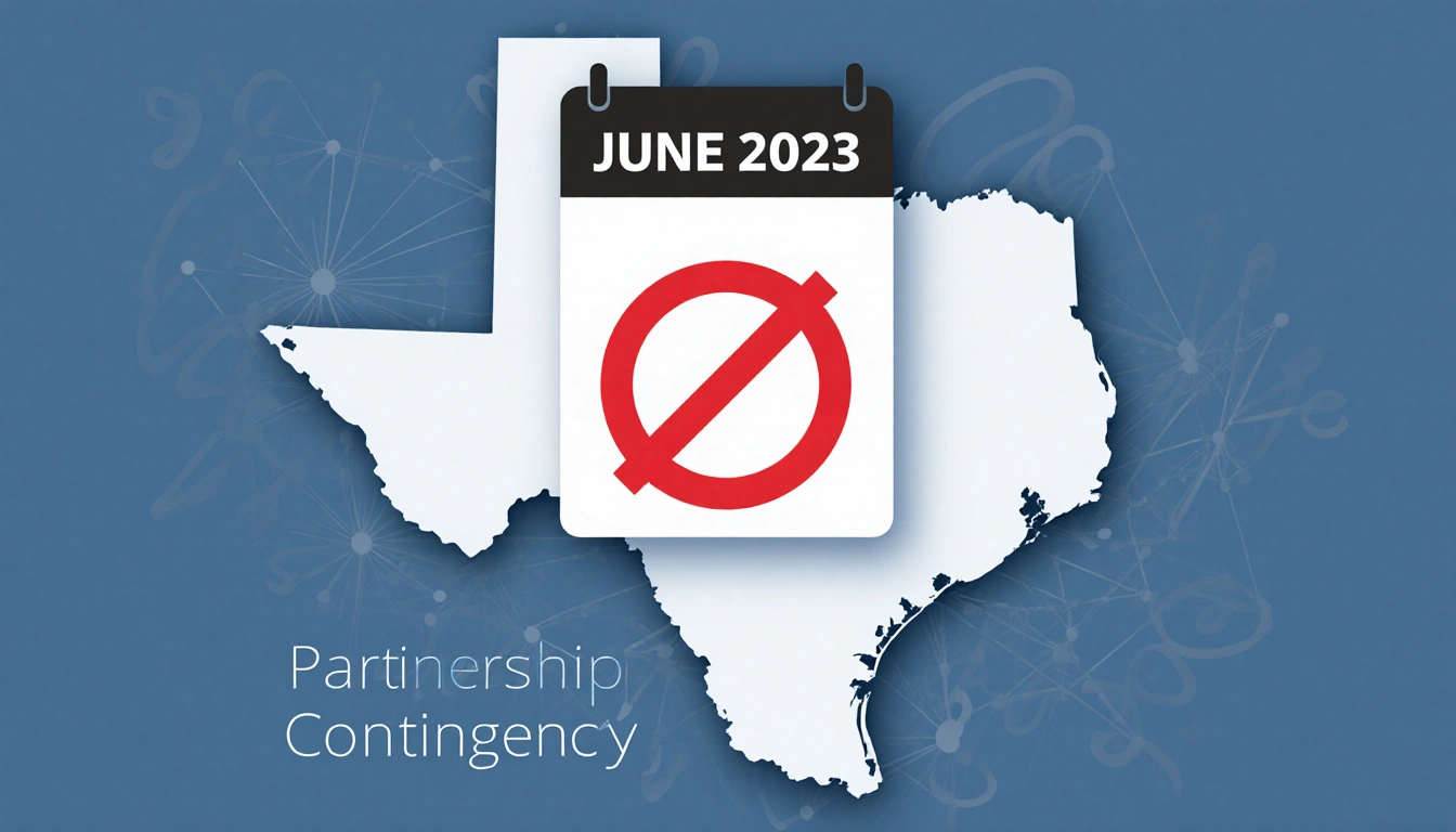 Pause symbol overlaying June 2023 calendar with Texas state map background and partnership text