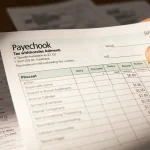 Person reviews paycheck with larger tax section and a relieved smile near blurred receipts.