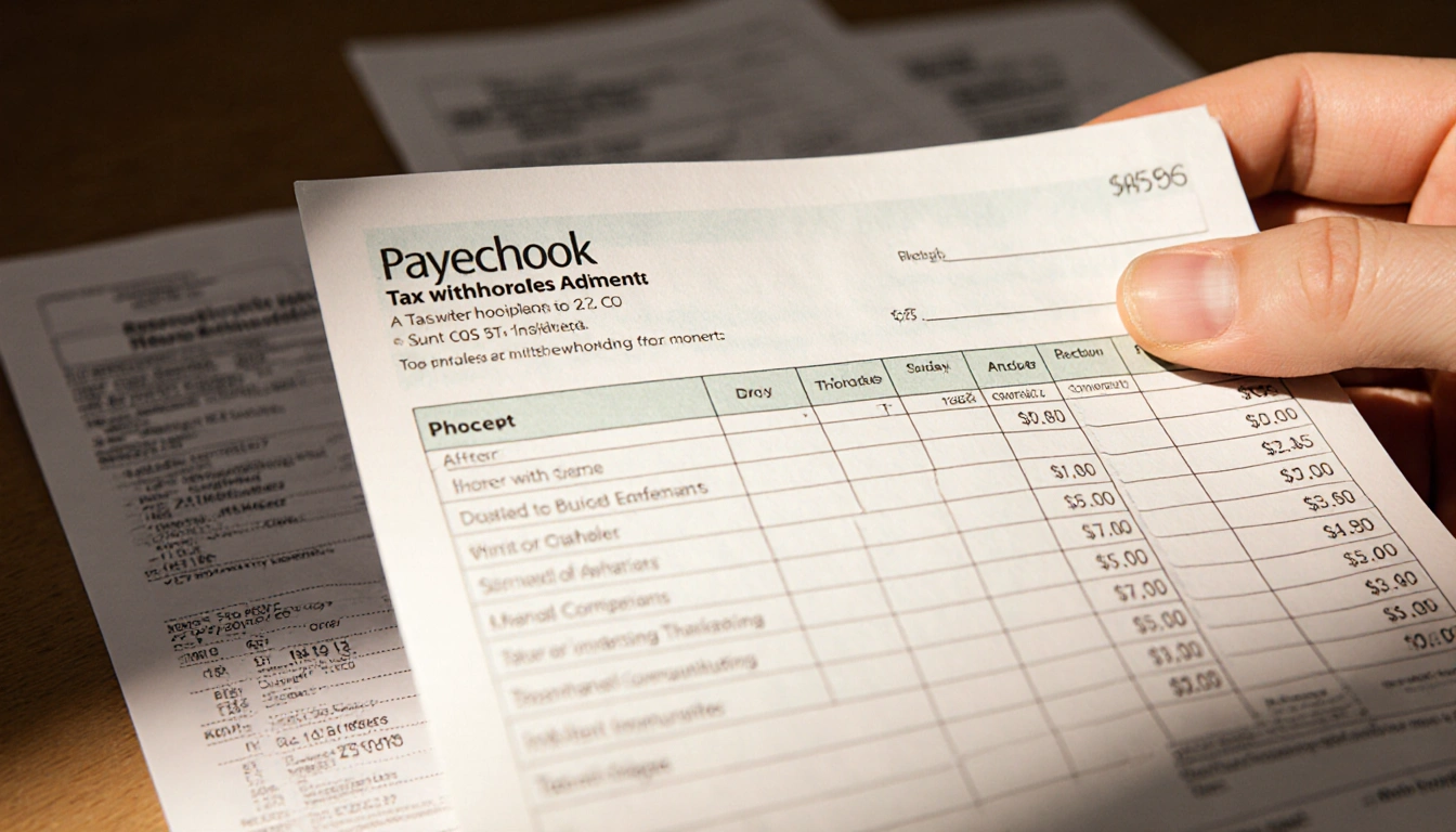 Person reviews paycheck with larger tax section and a relieved smile near blurred receipts.