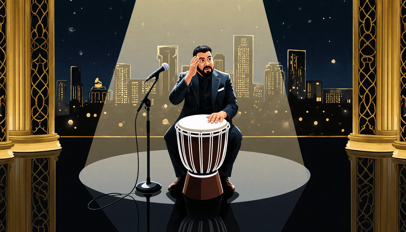 Adelaido Payo sits at a microphone with his bajo quinto beside him on a Grammy stage with Los Angeles skyline in gold glow