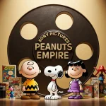 Peanuts characters Charlie Brown Snoopy and Lucy stand proudly with a film reel emblazoned Sony Pictures amid toys and glow