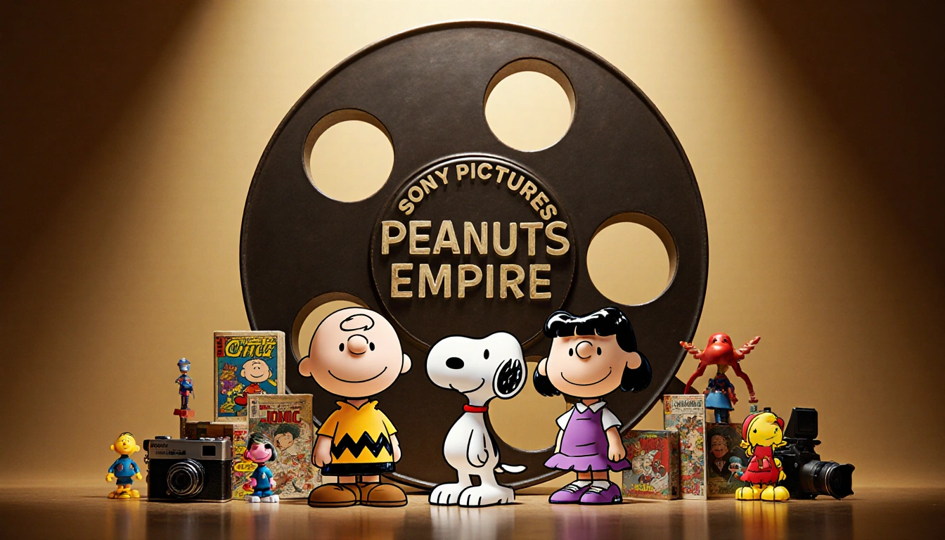 Peanuts characters Charlie Brown Snoopy and Lucy stand proudly with a film reel emblazoned Sony Pictures amid toys and glow