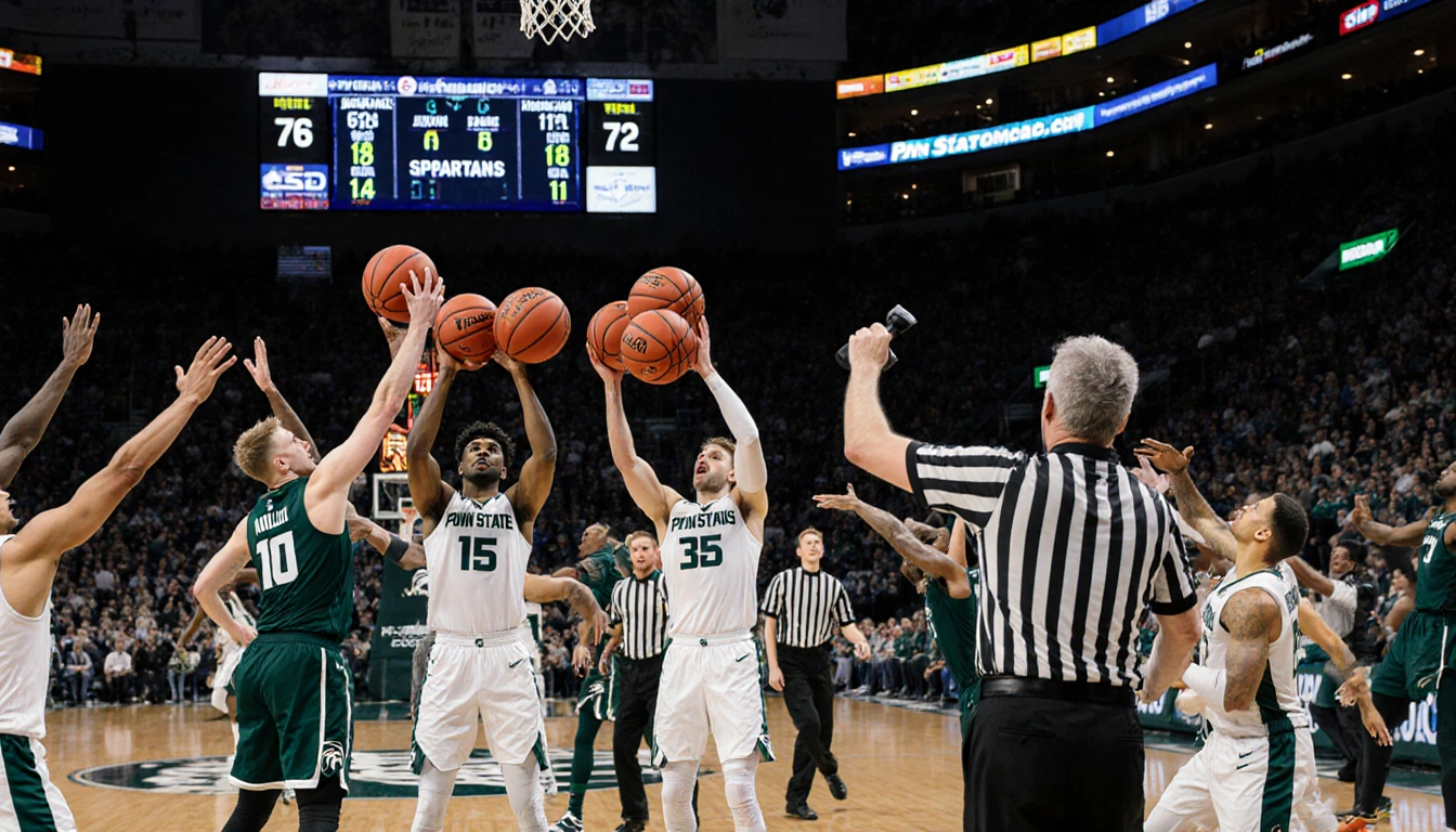 Jaxon Kohler holding 12 rebounds with Carson Cooper shooting free throw and referee holding whistle in chaotic court