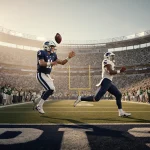 Ethan Grunkemeyer tosses a football to Trebor Pena with Penn State fans cheering and Yankee Stadium lights glowing.
