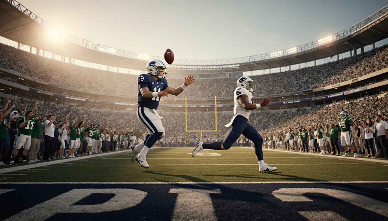 Ethan Grunkemeyer tosses a football to Trebor Pena with Penn State fans cheering and Yankee Stadium lights glowing.