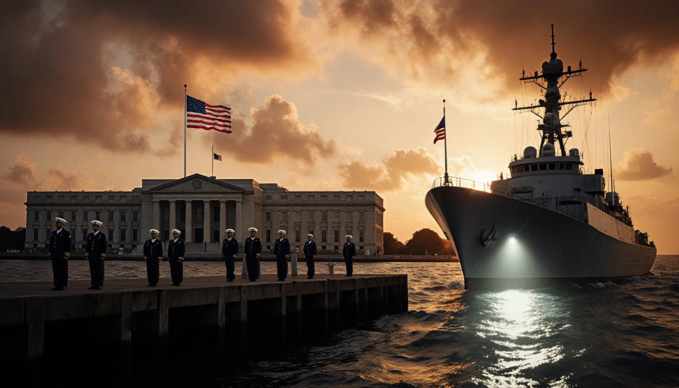 Sailors stand watchful on a naval vessel docked at pier with flag‑waving Pentagon and stormy sea.