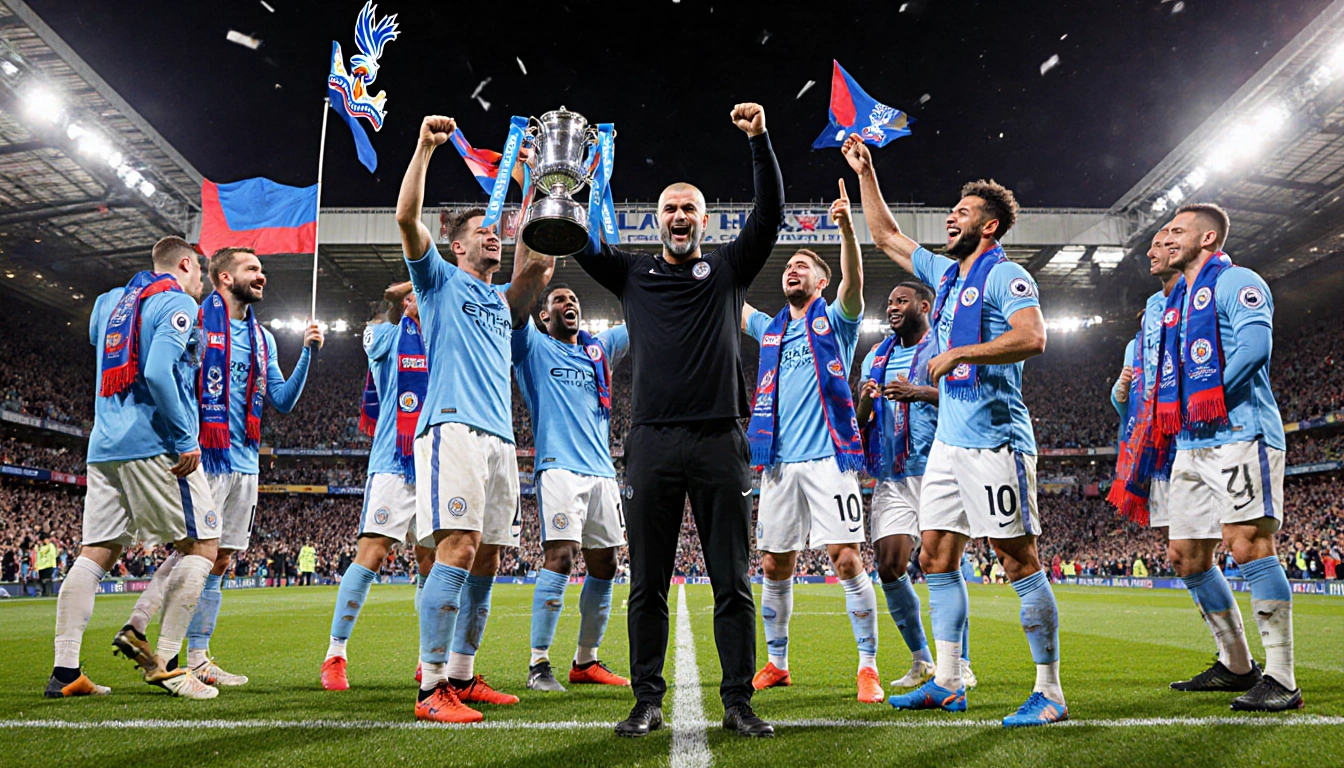 Pep Guardiola standing triumphantly with trophy in hand and Manchester City fans waving in the stands at Selhurst Park