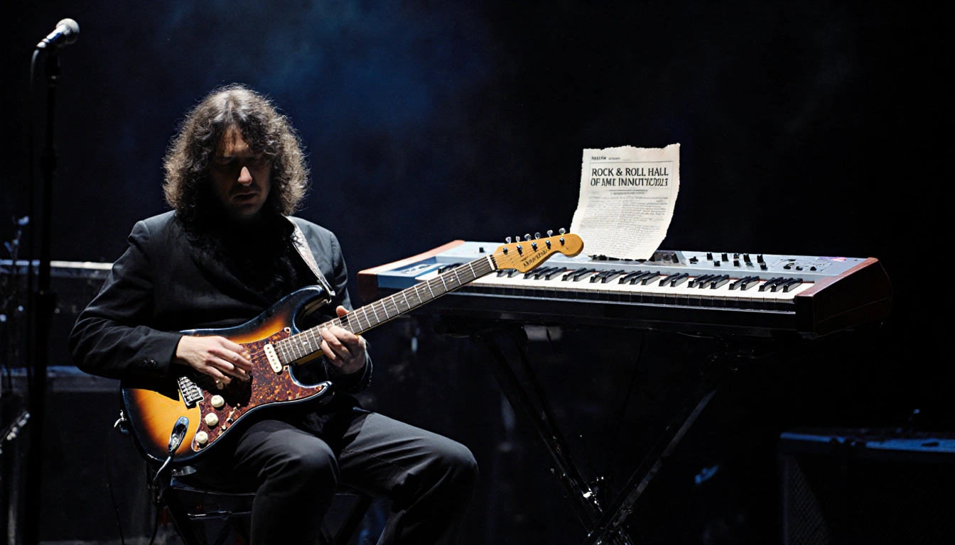 Guitar set sits on stage with low light and Hall of Fame induction behind and torn page with name