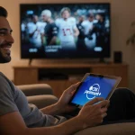 Person smiling on couch holding laptop with Paramount+ logo with warm glow from surrounding streaming TVs