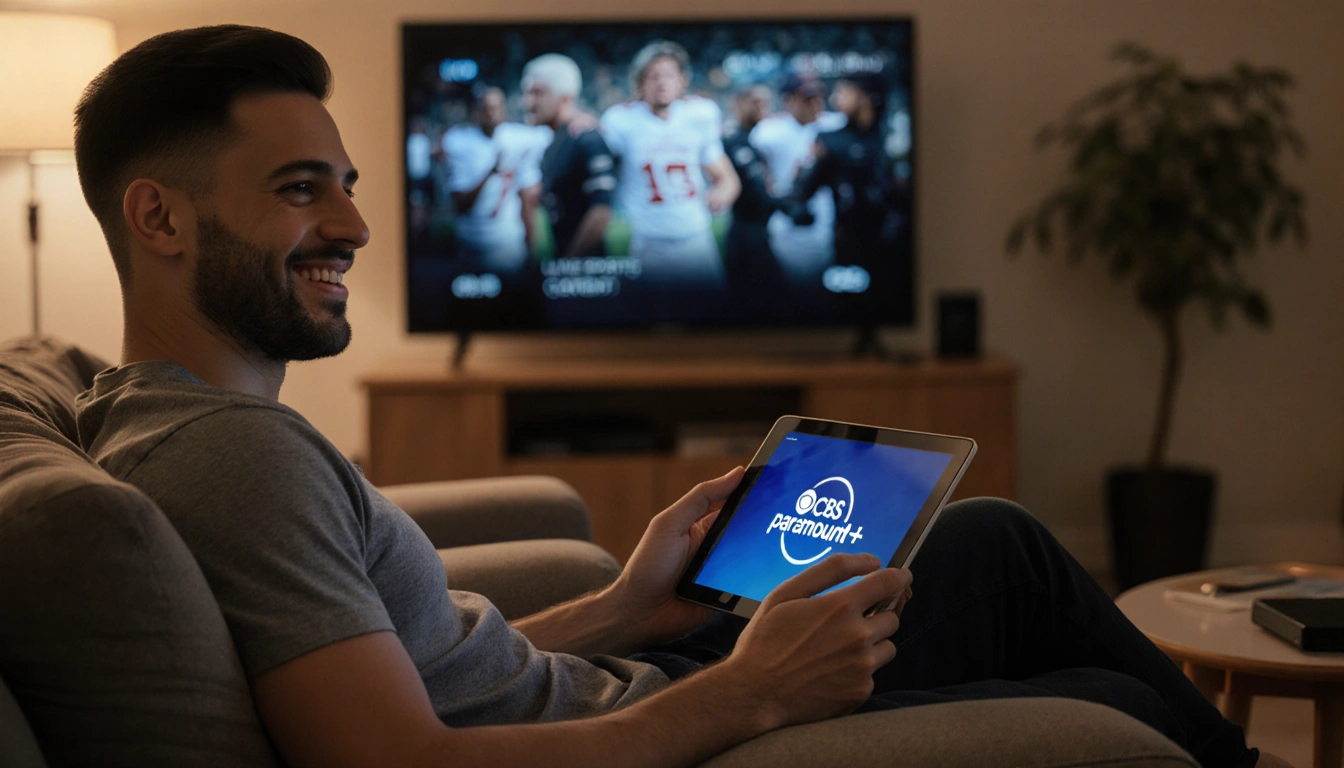 Person smiling on couch holding laptop with Paramount+ logo with warm glow from surrounding streaming TVs