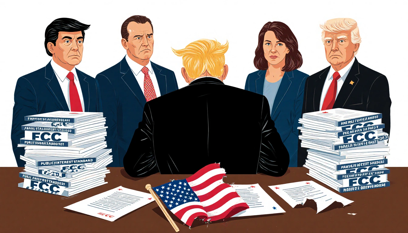 Person sitting back at desk with bowed head while stern Democrats question and torn American flag lies near FCC papers.