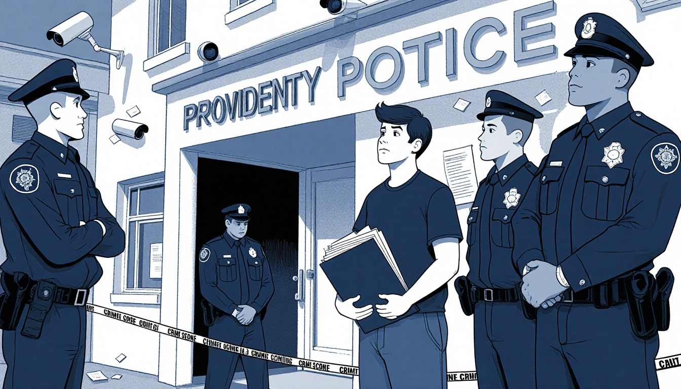 Person standing with police officers holding documents with crime scene tape and surveillance camera.