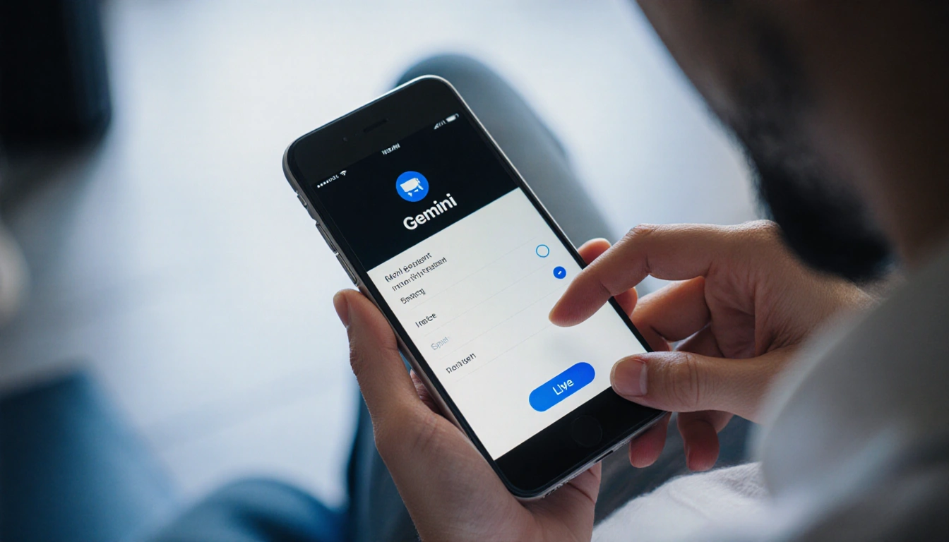 Person tapping the Live button on a Gemini app screen with a mouth open as if speaking