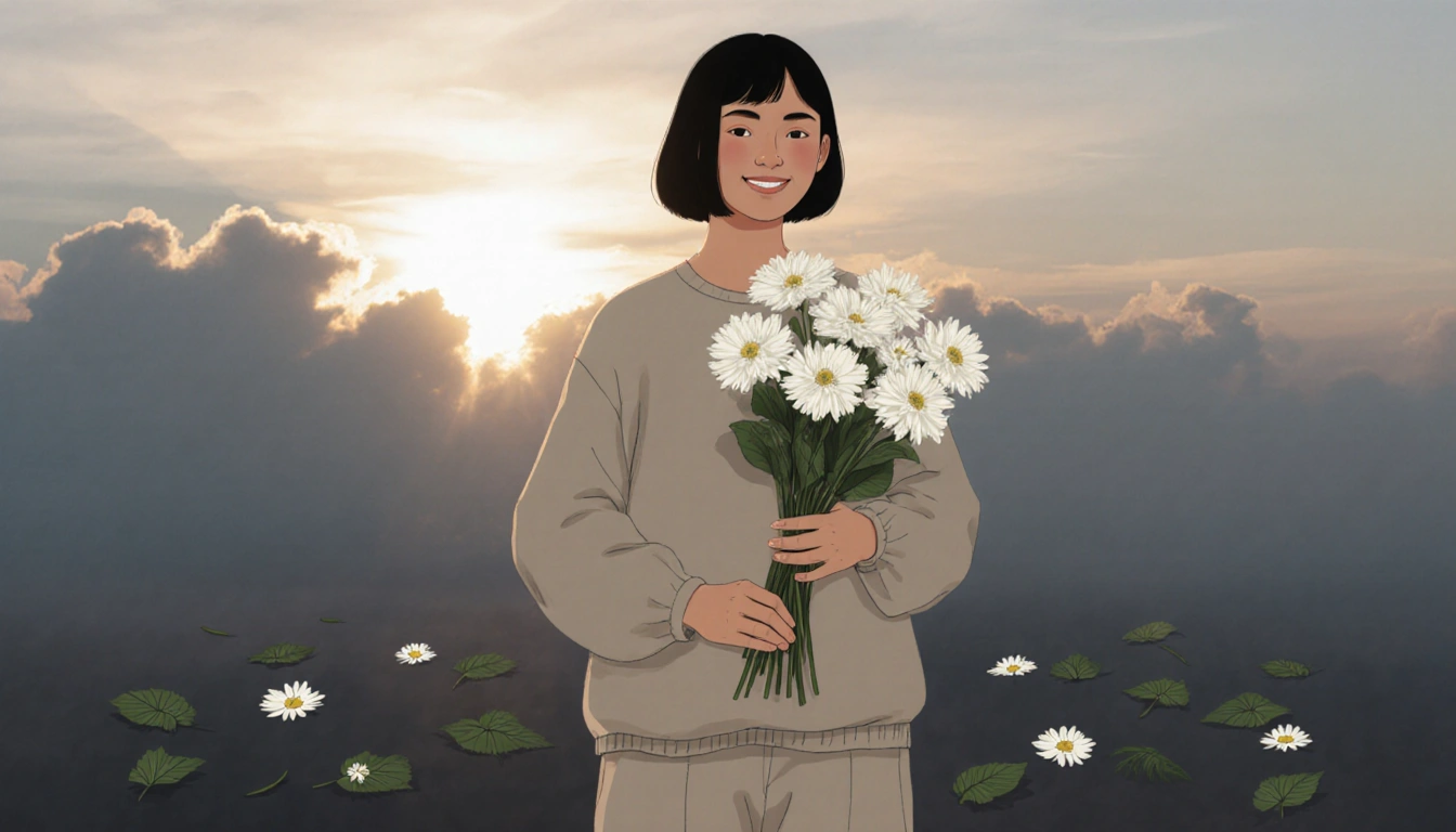 Person holding white flower bouquet with a smile near sunrise backdrop and leaves scattered in foreground representing aid