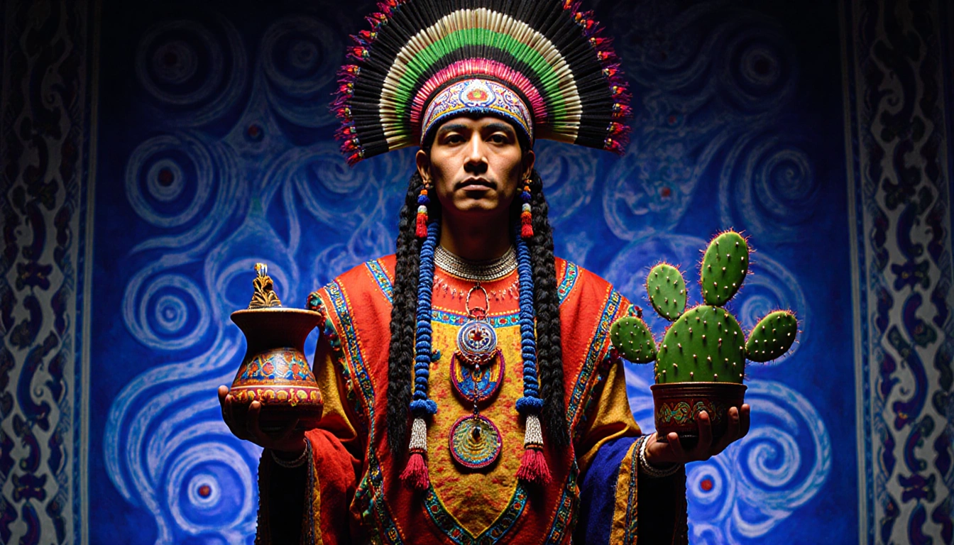 Peruvian shaman holding Ayahuasca and San Pedro vessels with swirling wall patterns and vibrant headdress during ceremony.