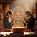 Two Peruvian shamans clasping hands in prayer with a glowing carved box on a colorful textile altar under golden light