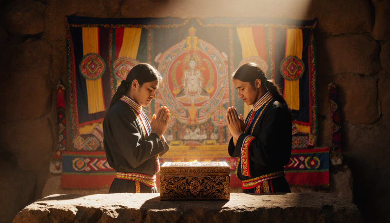 Two Peruvian shamans clasping hands in prayer with a glowing carved box on a colorful textile altar under golden light