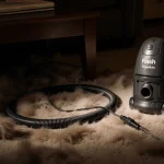 Handheld vacuum poised to tackle pet hair on cluttered living room floor with warm glow and coiled cord.