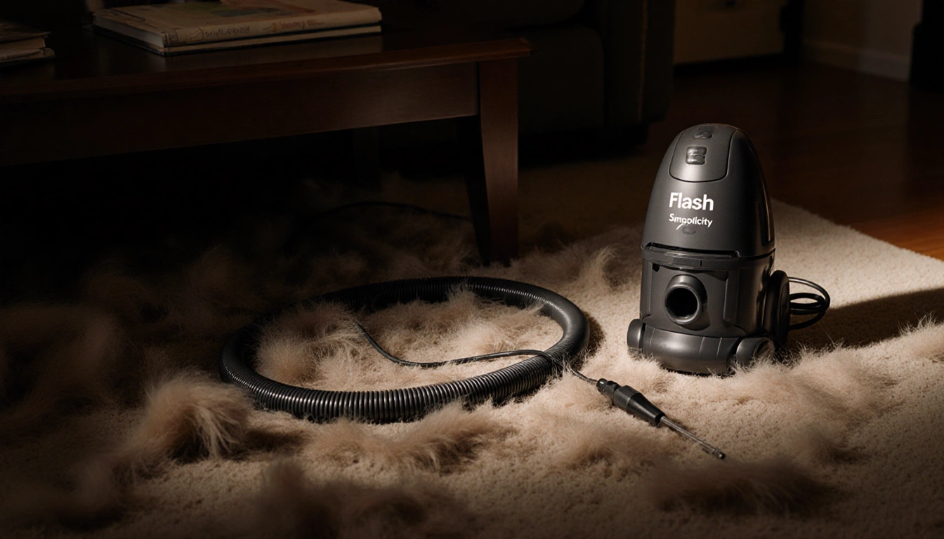 Handheld vacuum poised to tackle pet hair on cluttered living room floor with warm glow and coiled cord.