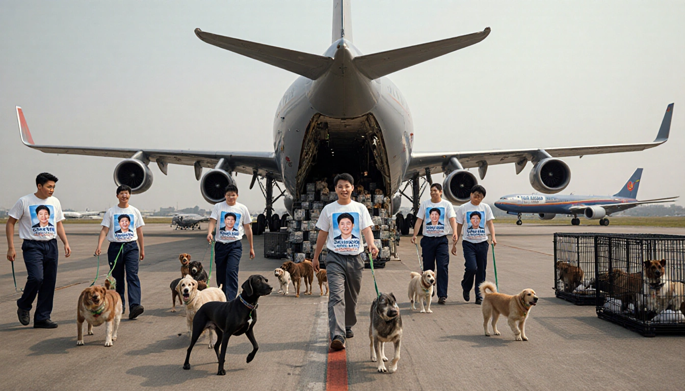 Volunteers unloading rescued animals with Seuk Kim T-shirts onto crates beside a rustic airport runway and parked planes
