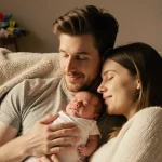 Pete Davidson holding his newborn daughter against his chest with Elsie Hewitt cradling her on a cozy couch