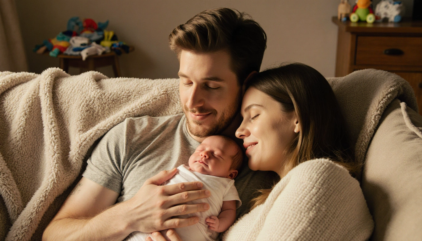 Pete Davidson holding his newborn daughter against his chest with Elsie Hewitt cradling her on a cozy couch