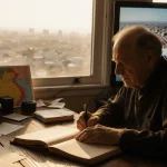 Reporter writing in worn notebook with golden light on his face and vintage cameras.