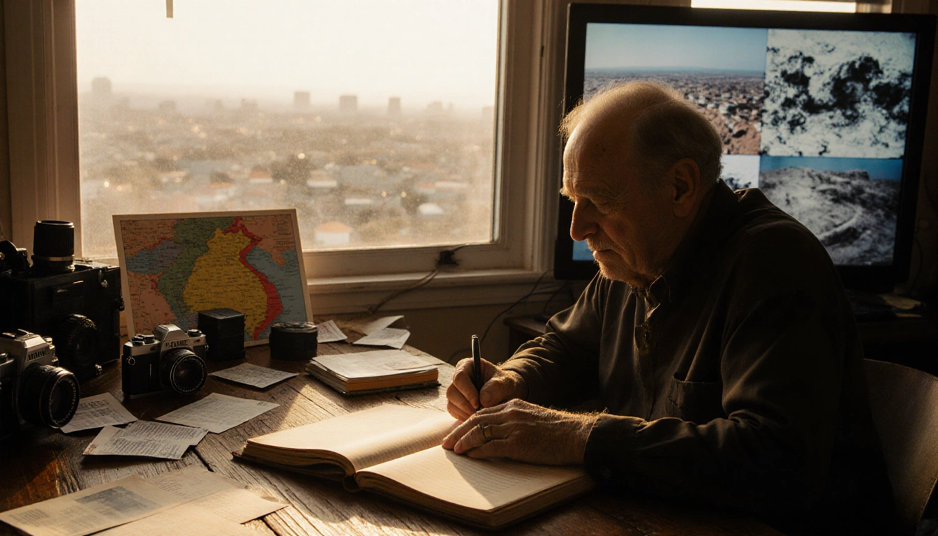 Reporter writing in worn notebook with golden light on his face and vintage cameras.