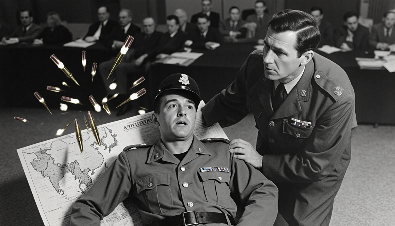 Arnett holds his breath beside wounded colonel with bullet-filled map of Vietnam war behind them with blurred library meeting