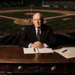 Peter Seitz sits behind a carved wooden desk with baseball motifs and light on his face while vintage stadium looms behind.