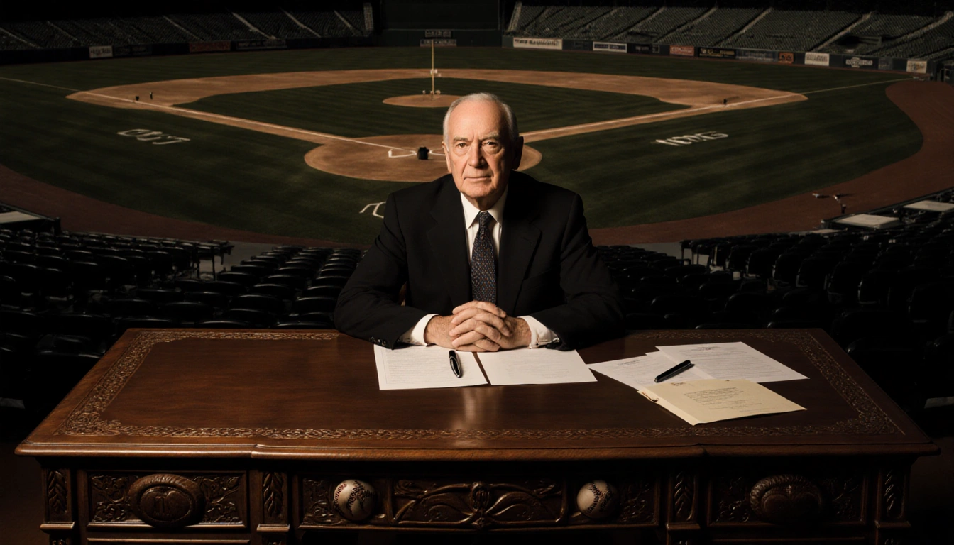 Peter Seitz sits behind a carved wooden desk with baseball motifs and light on his face while vintage stadium looms behind.