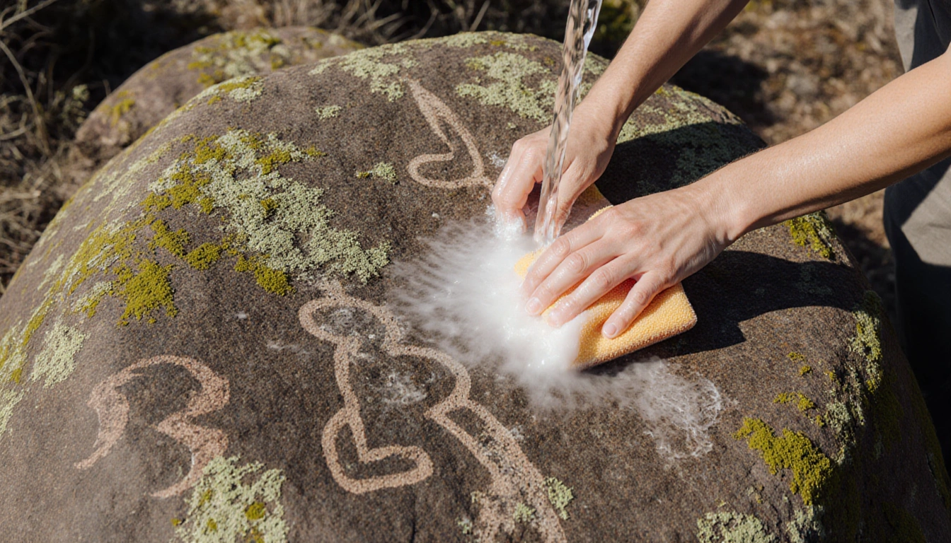 Conservator washing petroglyphs on stone with soft cloth and water revealing delicate carvings