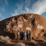 Elders stand around a petroglyph-covered rock with Shoshone carvings and sunlight overlooking a Utah hillside and blue sky.