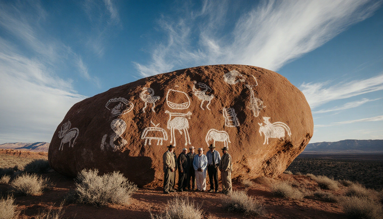 Elders stand around a petroglyph-covered rock with Shoshone carvings and sunlight overlooking a Utah hillside and blue sky.
