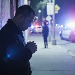 Lone figure looking down at clasped hands with police lights casting glow and a faint victim silhouette in the alley