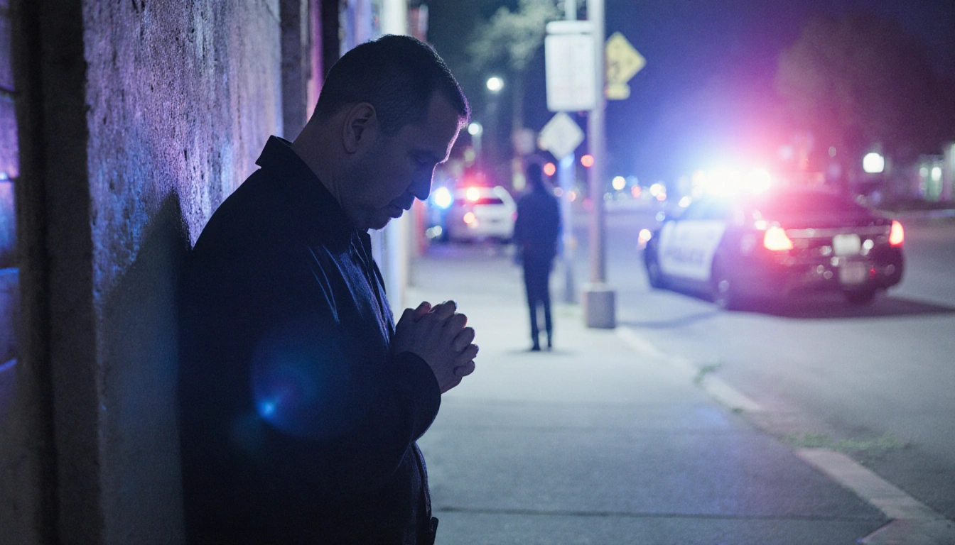 Lone figure looking down at clasped hands with police lights casting glow and a faint victim silhouette in the alley