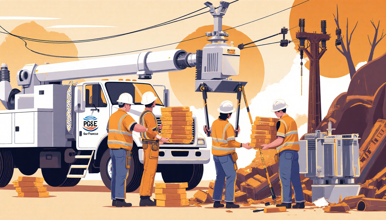 PG&E engineers repairing a power line with tools and a crew handing equipment from a utility truck