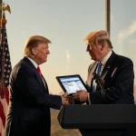 CEO shaking hands with President Trump holding tablet displaying label with American flag backdrop and Austin skyline window