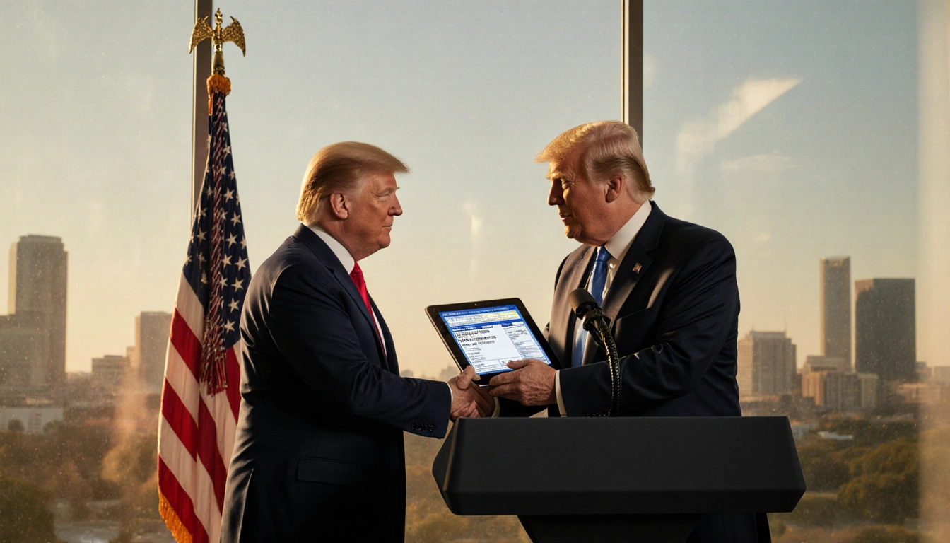 CEO shaking hands with President Trump holding tablet displaying label with American flag backdrop and Austin skyline window