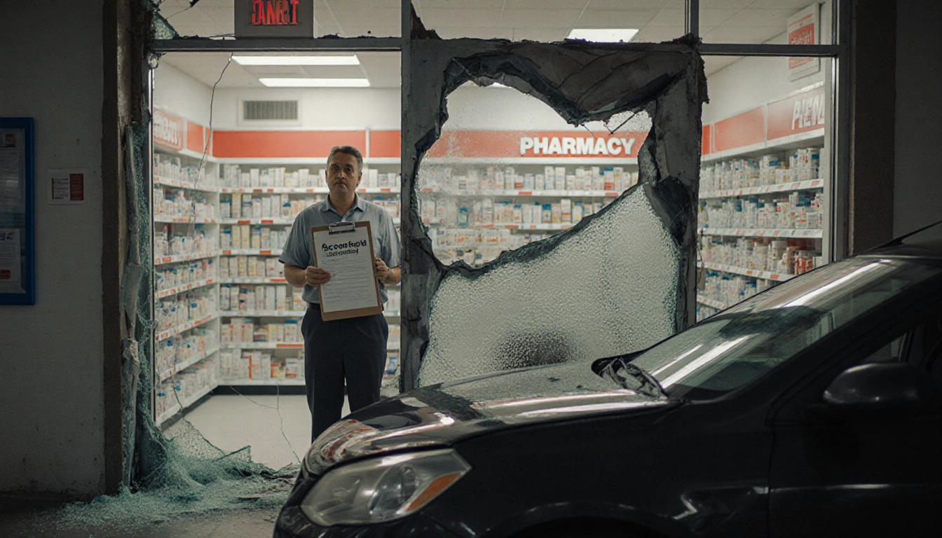 Pharmacy owner holding clipboard with shaken expression and crashed car against broken storefront