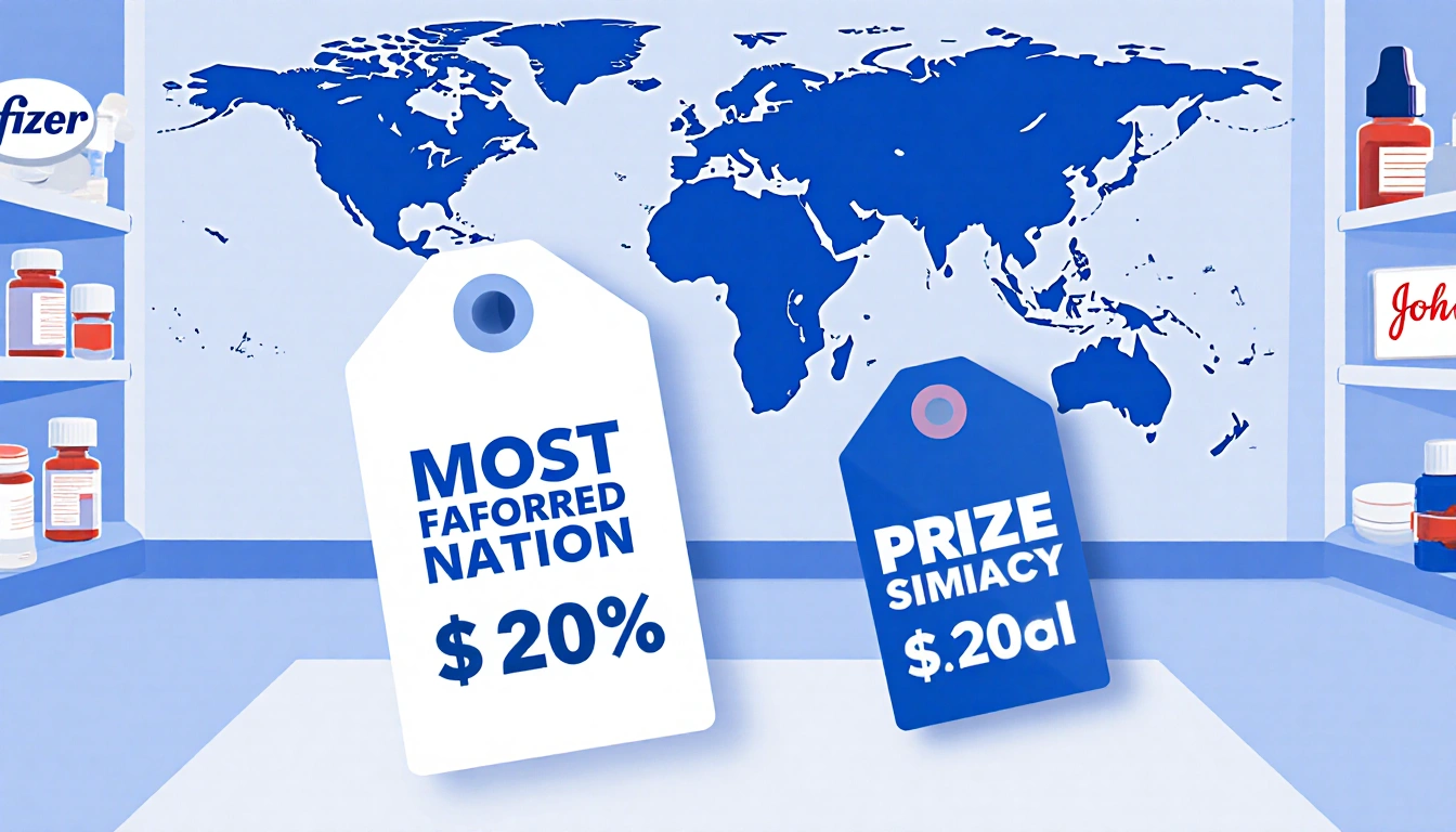 Large price tag shows Most Favored Nation pricing with smaller Medicaid tag against world map background in pharmacy