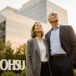 Phil and Penny Knight standing together with lush greenery and a warm-lit OHSU building in the background philanthropy