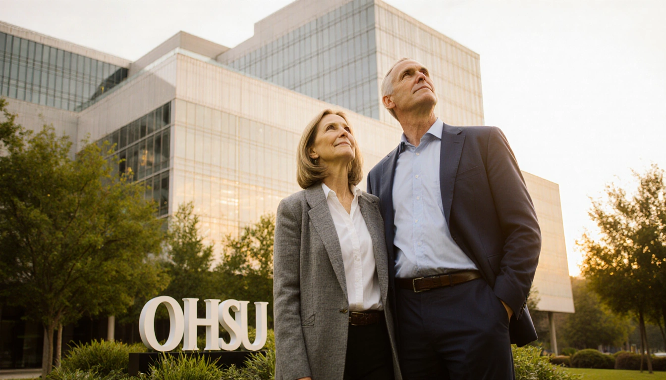 Phil and Penny Knight standing together with lush greenery and a warm-lit OHSU building in the background philanthropy