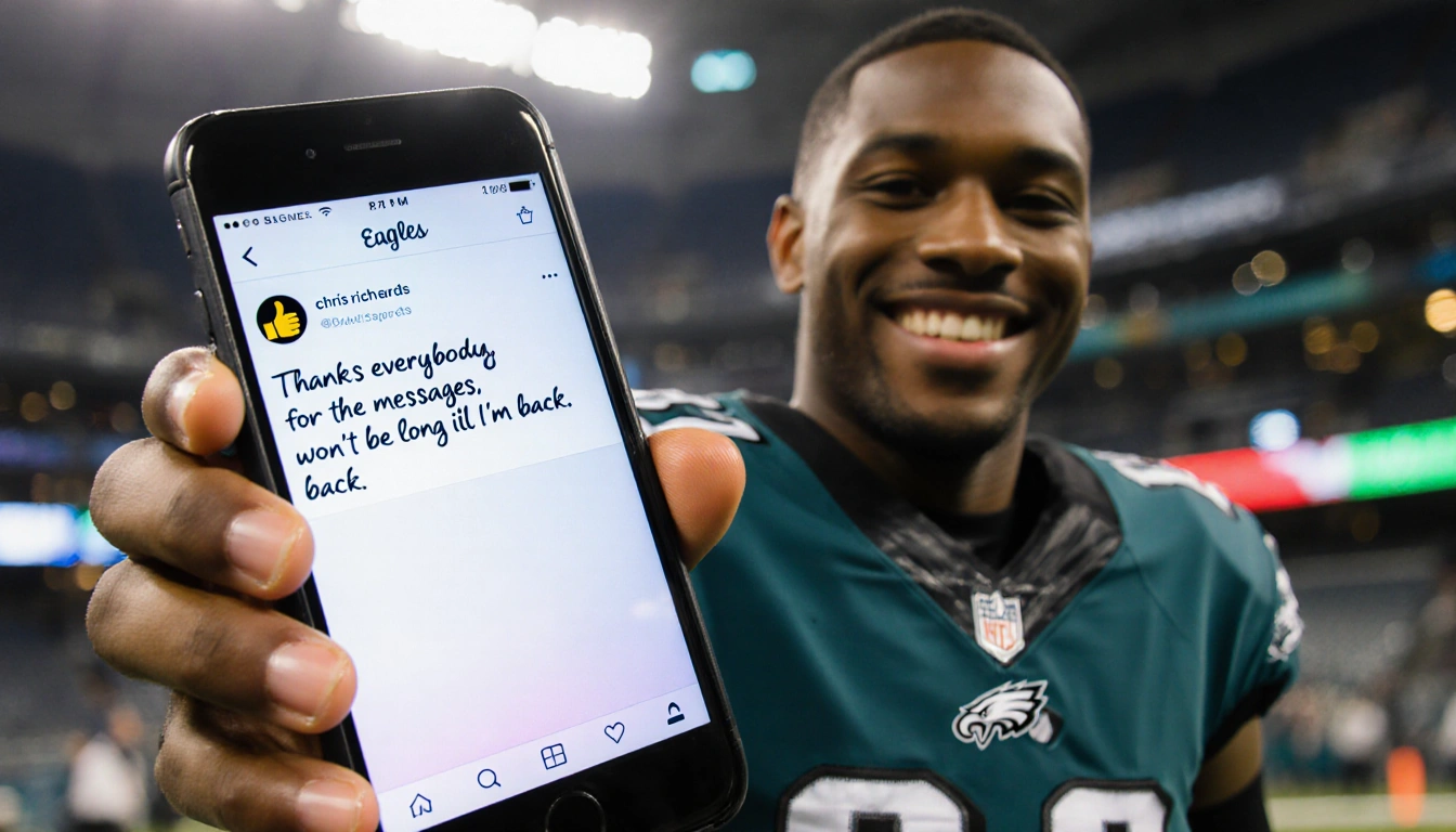 Chris Richards smiles while holding his phone with an Instagram post and a blurred Eagles stadium behind.