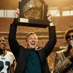 Nick Sirianni lifts the NFC East trophy with Jalen Hurts and Stevie Wonder on Lincoln Field.