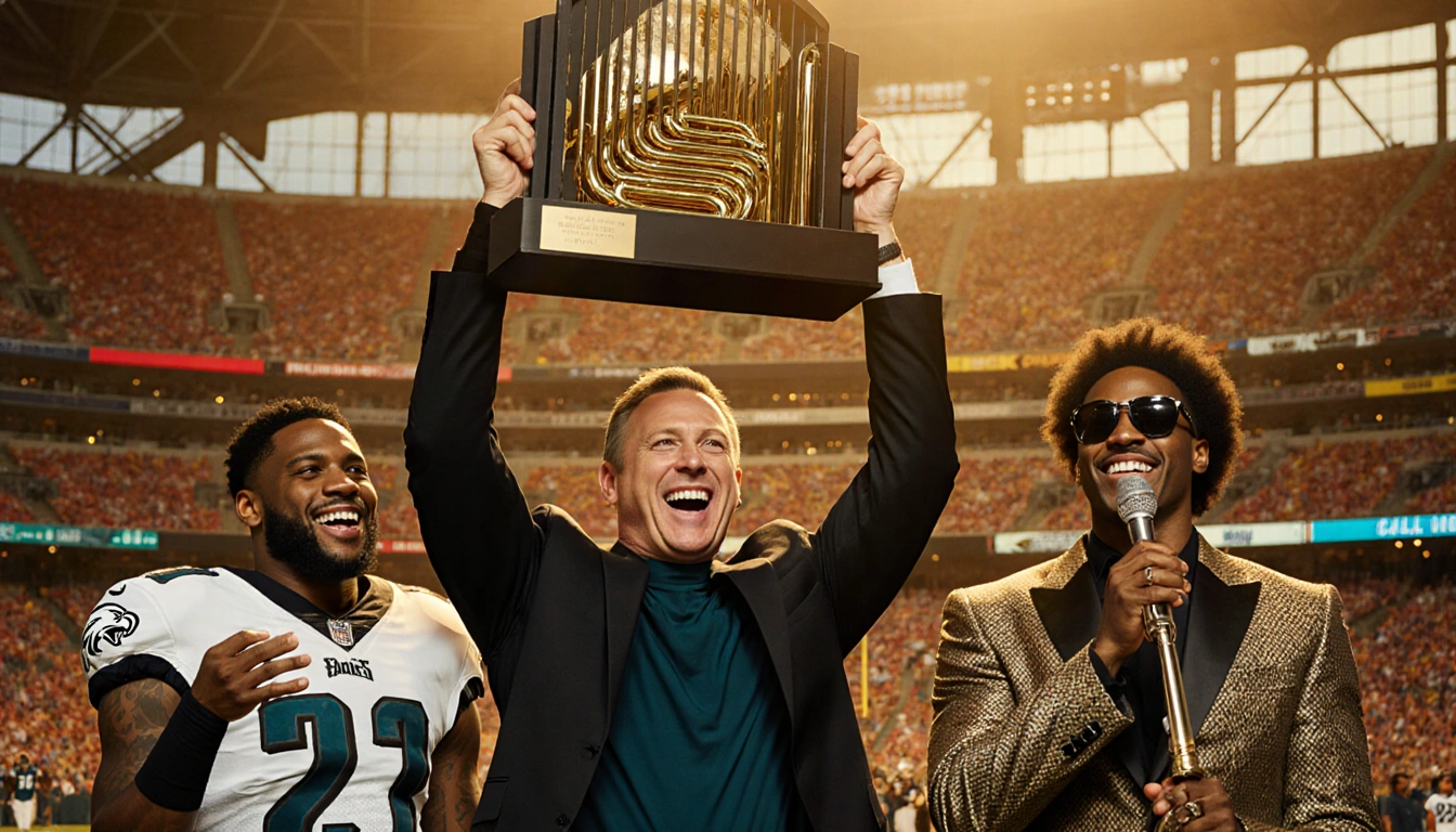Nick Sirianni lifts the NFC East trophy with Jalen Hurts and Stevie Wonder on Lincoln Field.