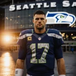 Philip Rivers standing confidently with Colts uniform and sunset-lit playoff push Seahawks stadium façade reflecting lights.